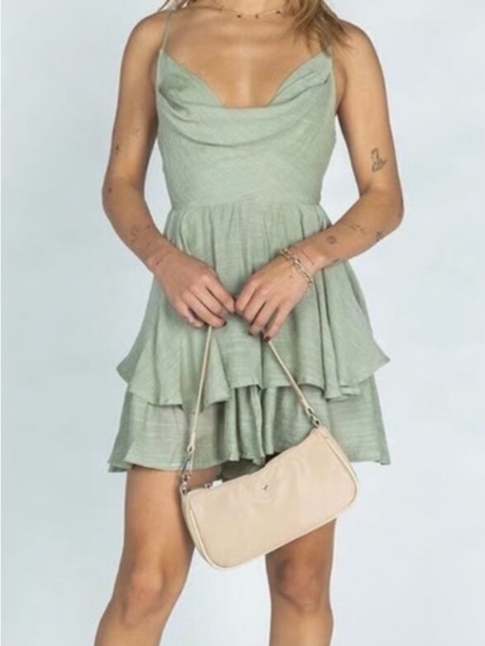 Princess Polly Sage Green Backless Cowl Tiered Mini Dress Romper